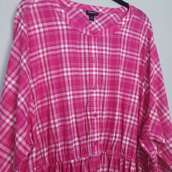 Torrid Womens Plaid Knee Length Dress 4X Pink Tiered Cottagecore 3/4 Sleeve NWT - Picture 4 of 11
